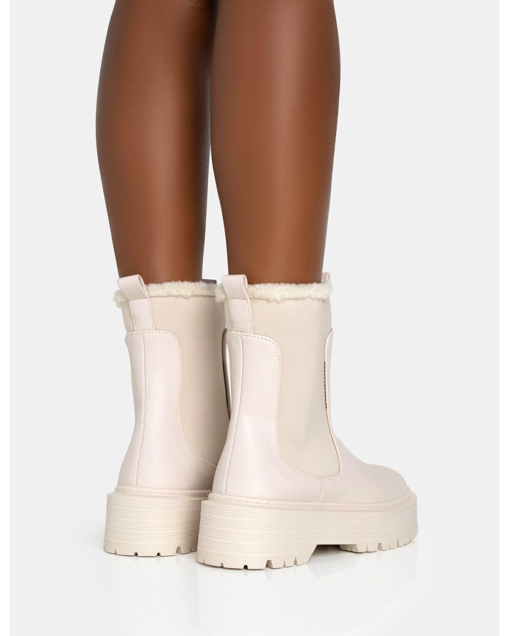 Public Desire Natural Alpine Cream Pu Faux Fur Trim Elasticated Ankle Chunky Ankle Boots