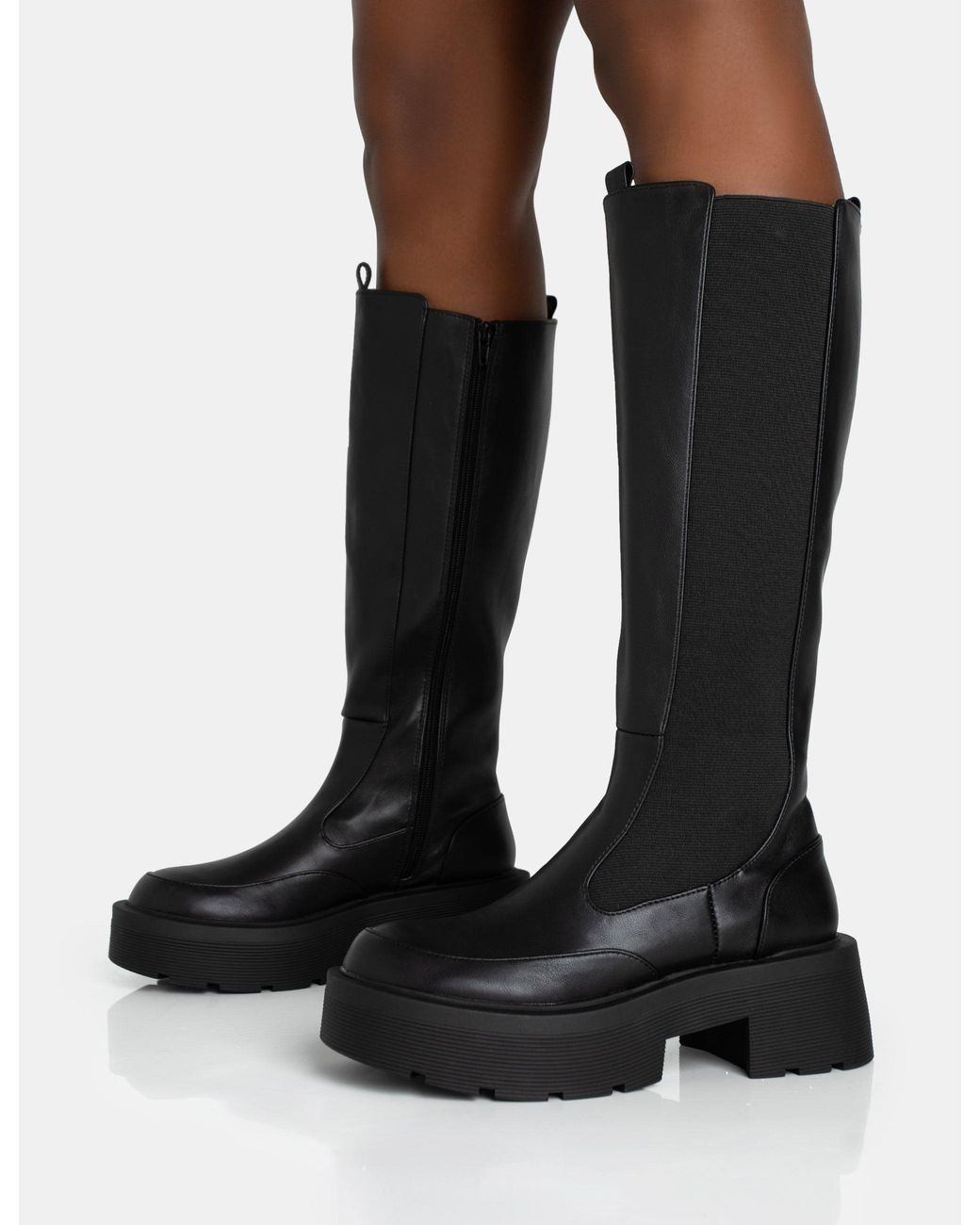 Public Desire Evergreen Black Knee High Elasticated Detail Chunky Heeled Sole Boots