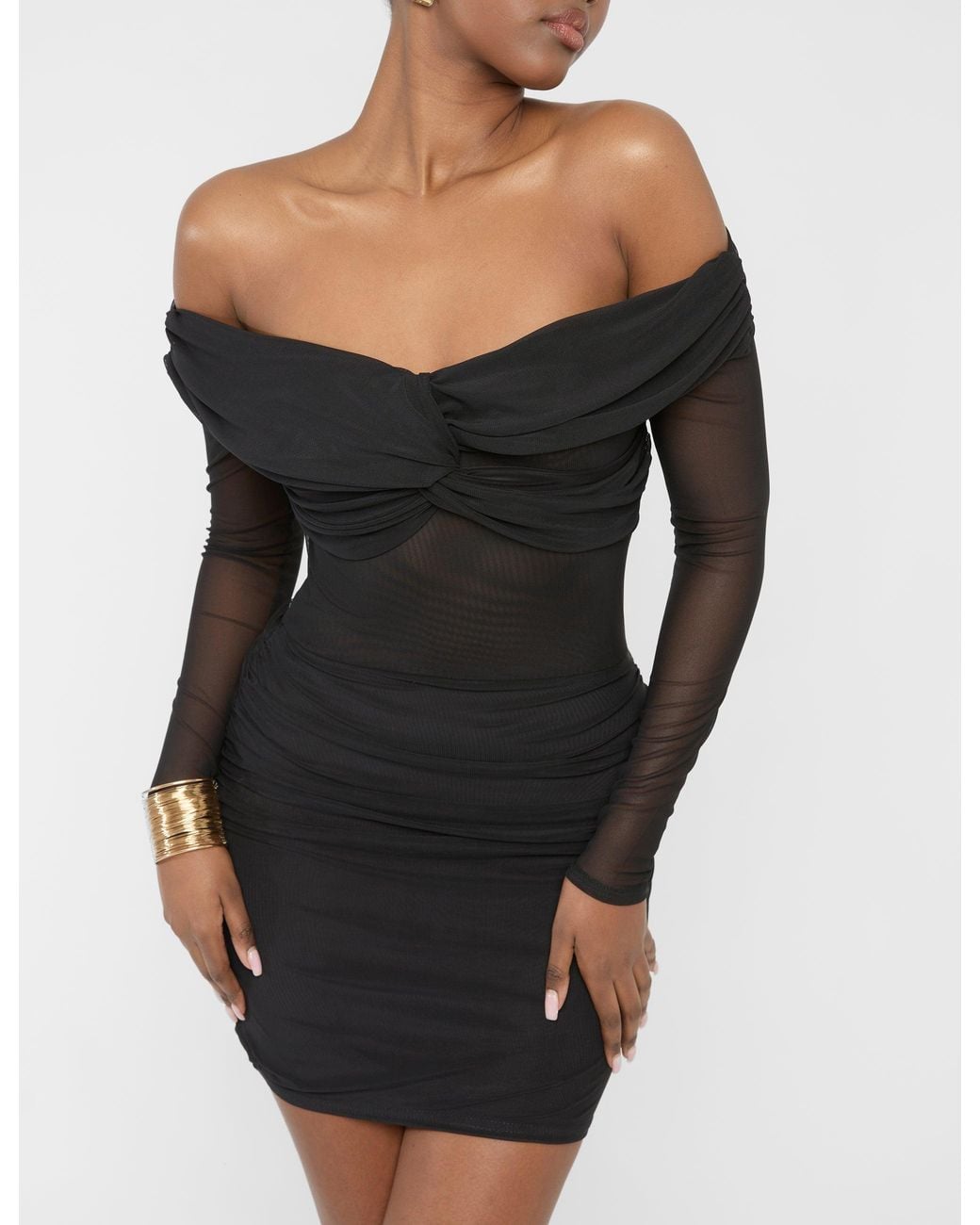 Public Desire Mesh Panel Off Shoulder Long Sleeve Mini Dress Black