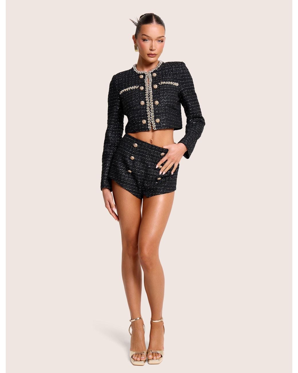 Public Desire Cropped Long Sleeve Boucle Gold Button Detail Blazer Black
