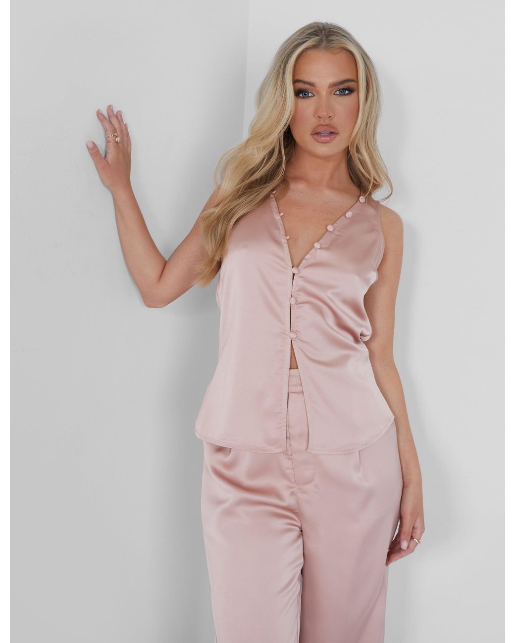 Public Desire Button Detail Satin Waistcoat Top Pink