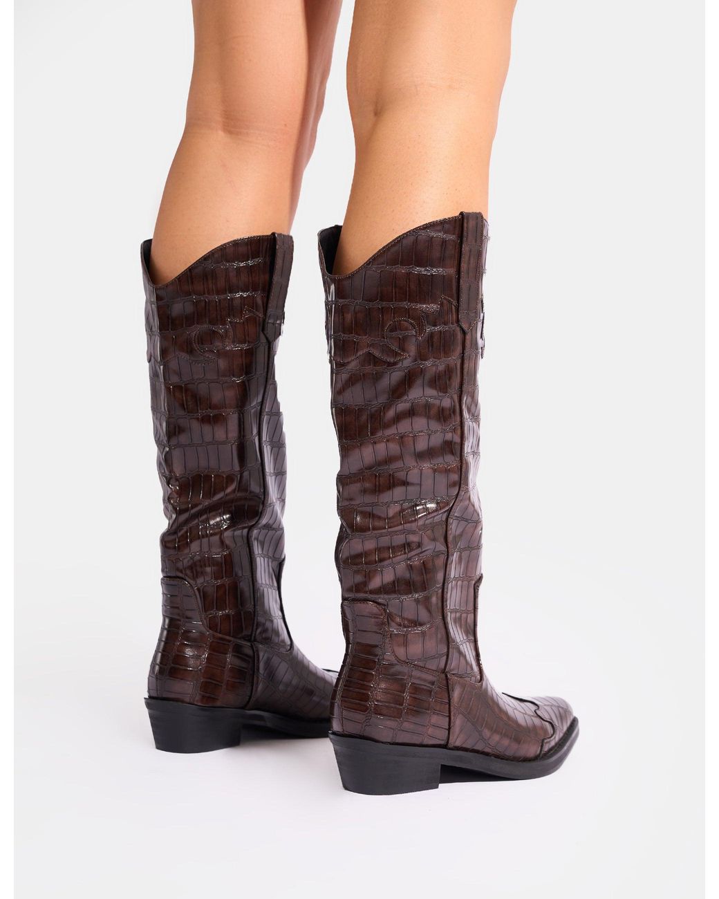 Public Desire Multicolor Apollo Brown Croc Flat Western Knee High Boots