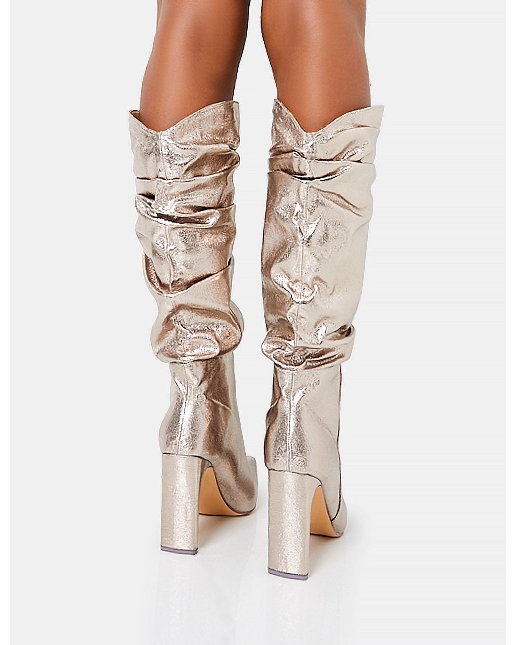 Public Desire White Manhattan Dark Metallic Silver Pointed Toe Knee High Narrow Block Heel Boots