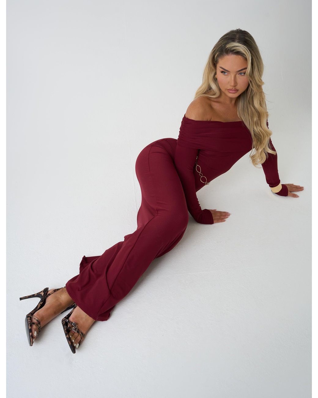 Public Desire Red Bardot Luxe Slinky Maxi Dress Burgundy
