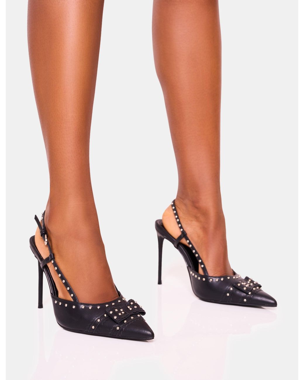 Public Desire Multicolor Espresso Wide Fit Black Bow Studded Slingback Court Stiletto Heel
