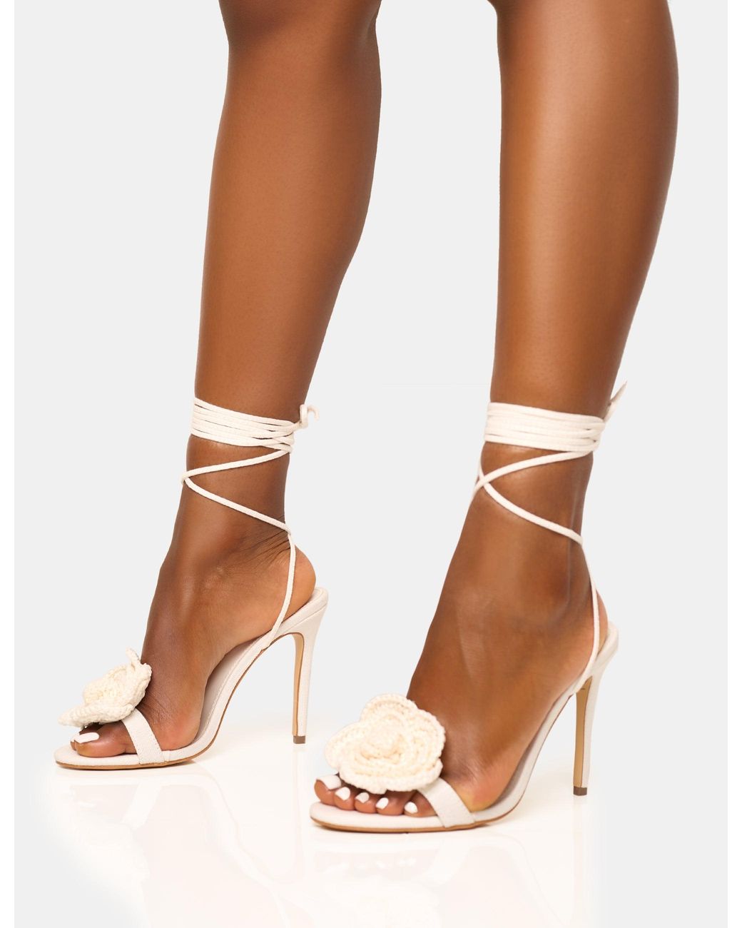 Public Desire Brown Karla Cream Linen Flower Barely There Lace Up Stiletto Heel
