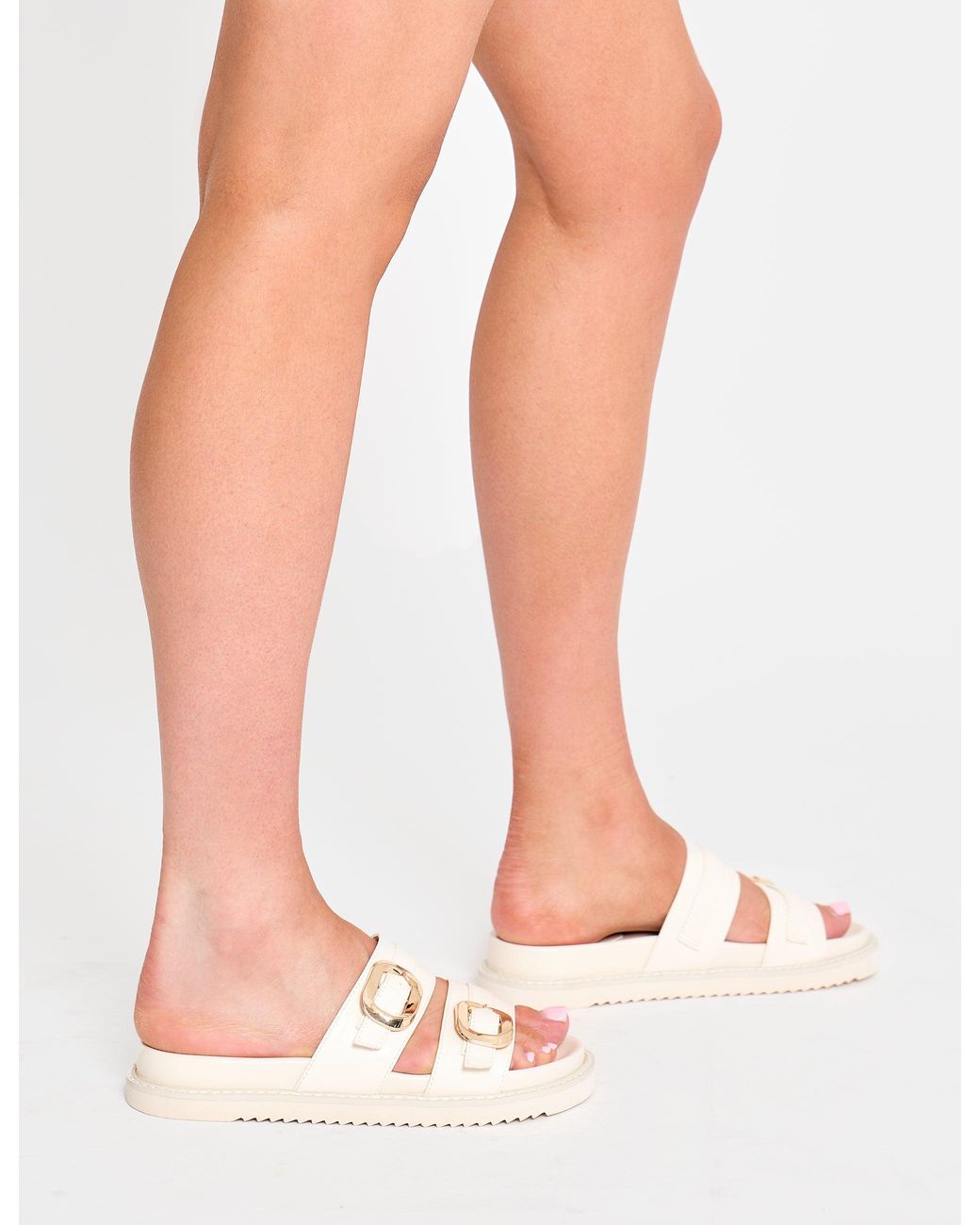 Public Desire Natural Lapis Cream Pu Buckle Detail Double Strap Slider Sandals