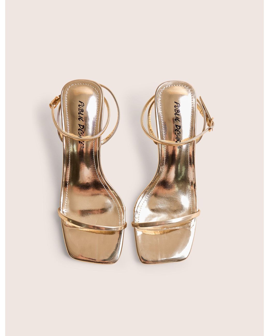 Public Desire Brown Natalya Gold Barely There Square Toe Stiletto Mid Heels