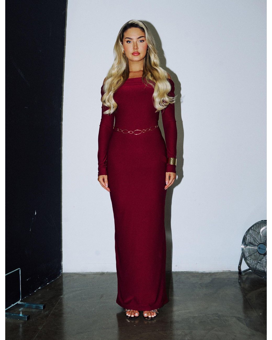 Public Desire Red Bardot Luxe Slinky Maxi Dress Burgundy