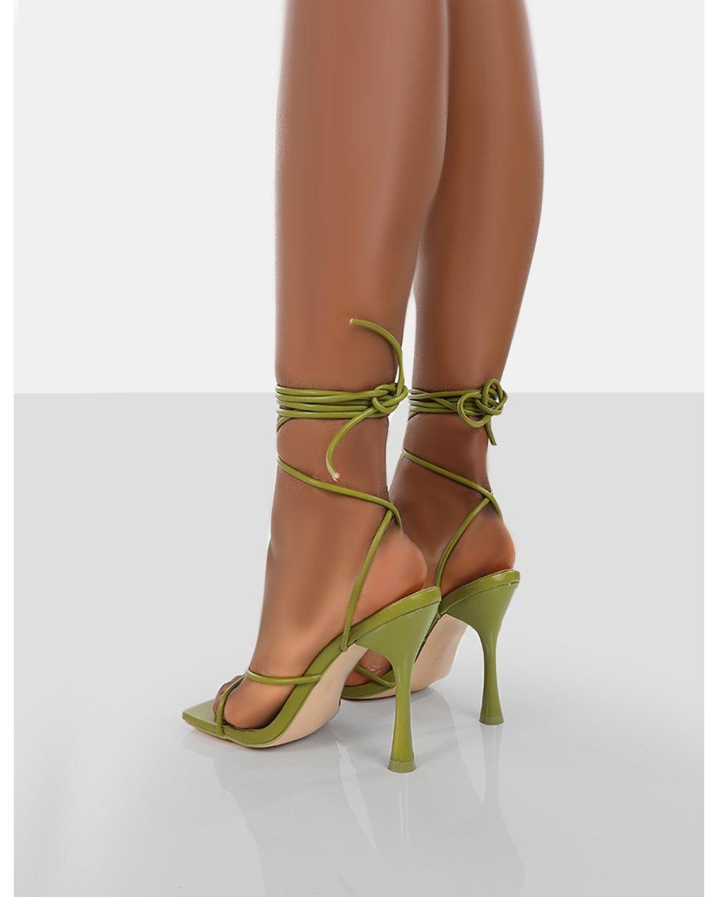 Public Desire Imogen Olive Croc Square Toe Strappy Lace Up Heels | Lyst