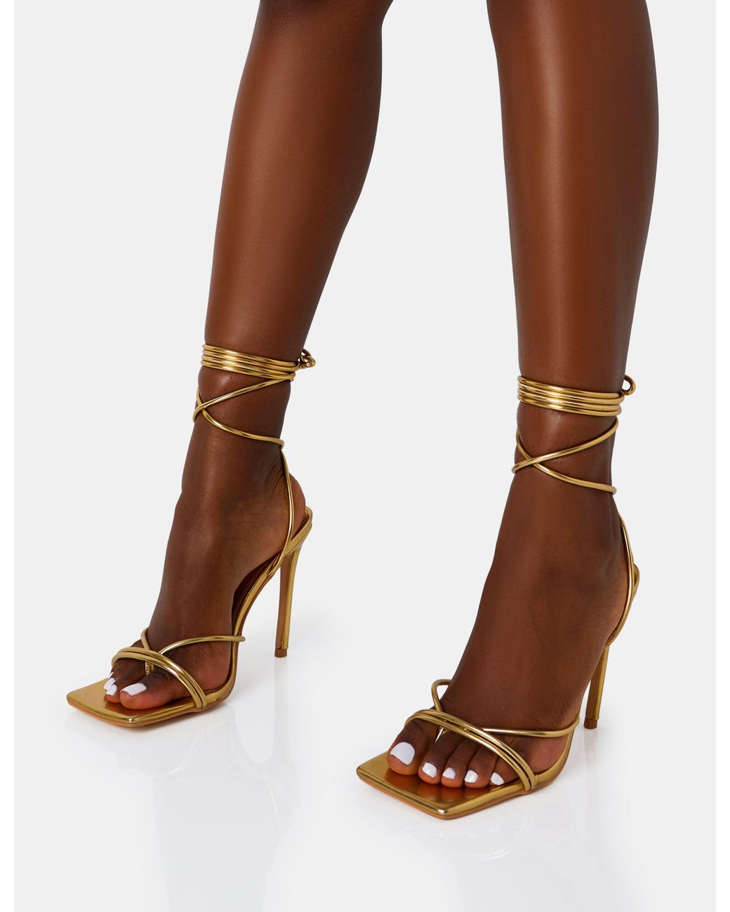 Public Desire Brown Dax Gold Pu Barely There Lace Up Square Toe Stiletto Heels