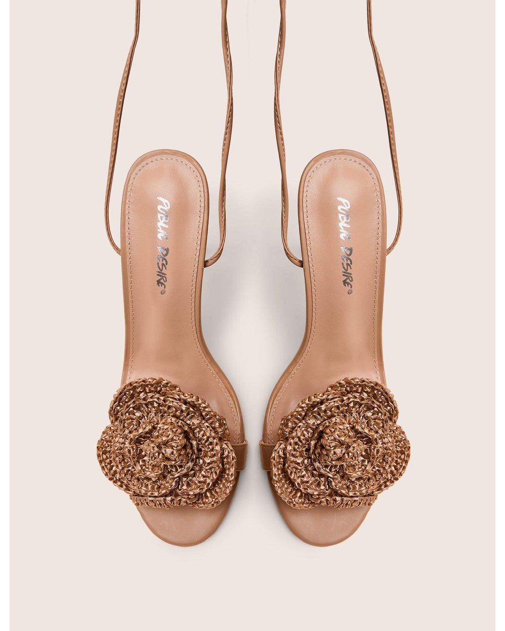 Public Desire Brown Karla Natural Raffia Flower Barely There Lace Up Stiletto Heel