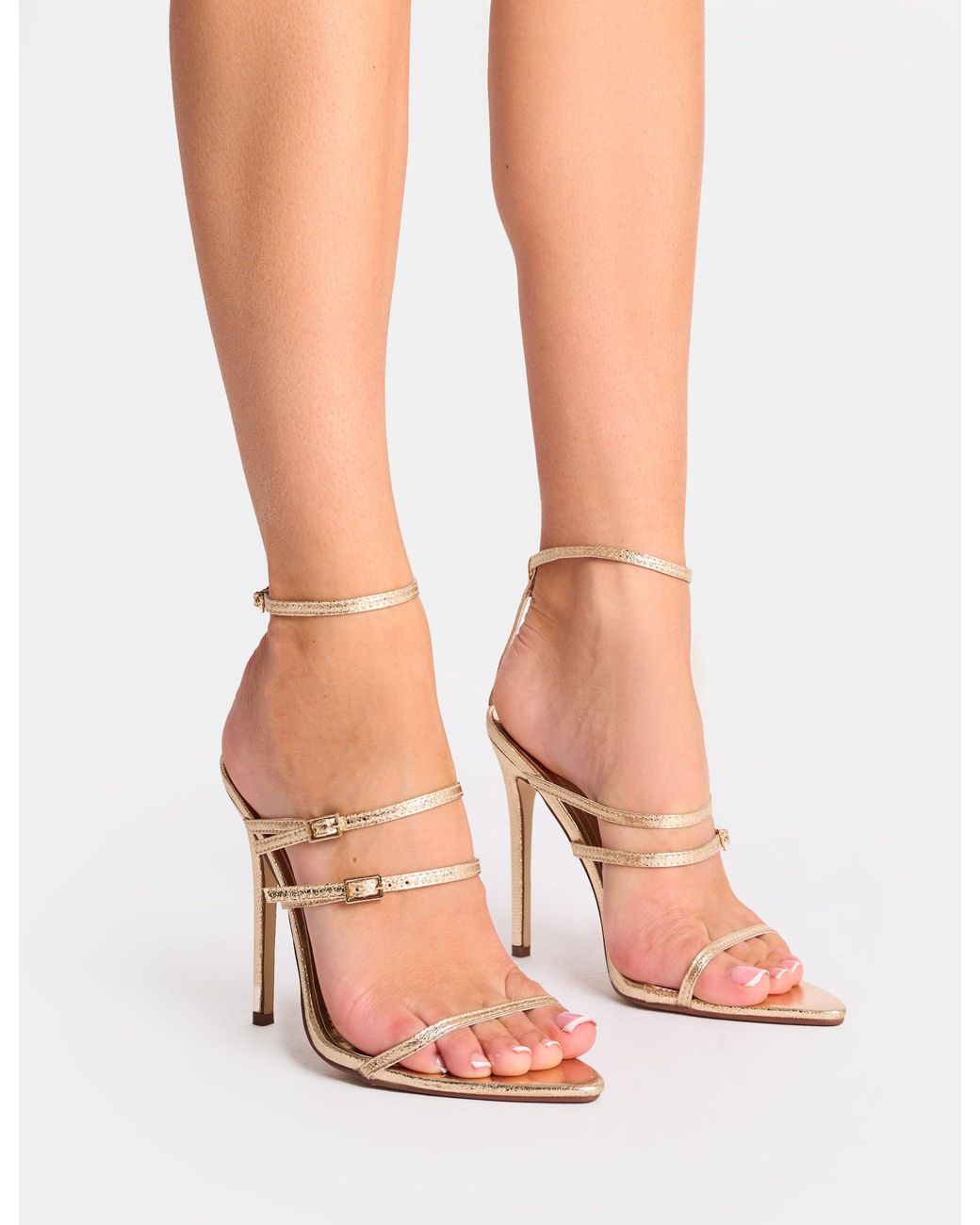 Public Desire Pink Jeany Cracked Gold Strappy Buckle Detail Heels
