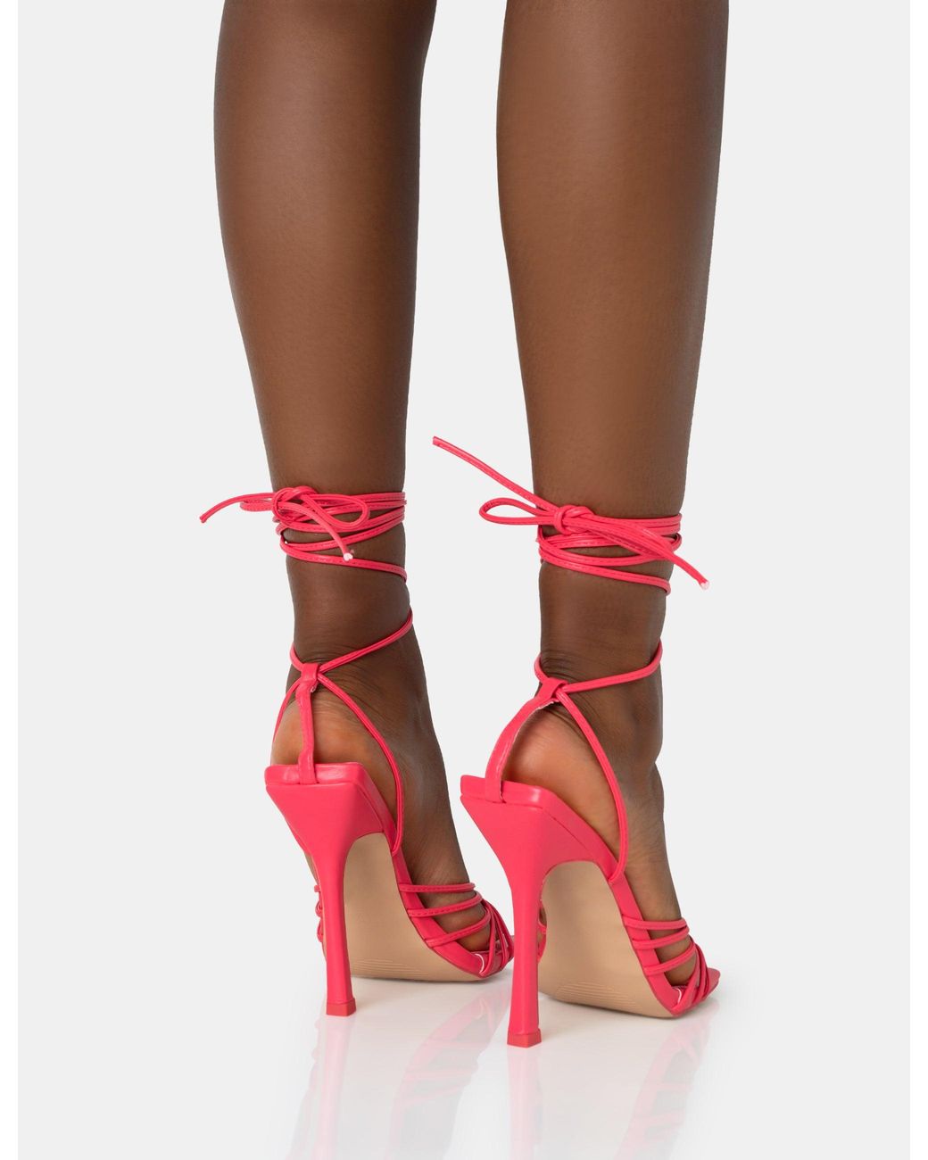 Public Desire Red Aspen Hot Pink Knot Strap Lace Up Square Toe Stiletto Heels