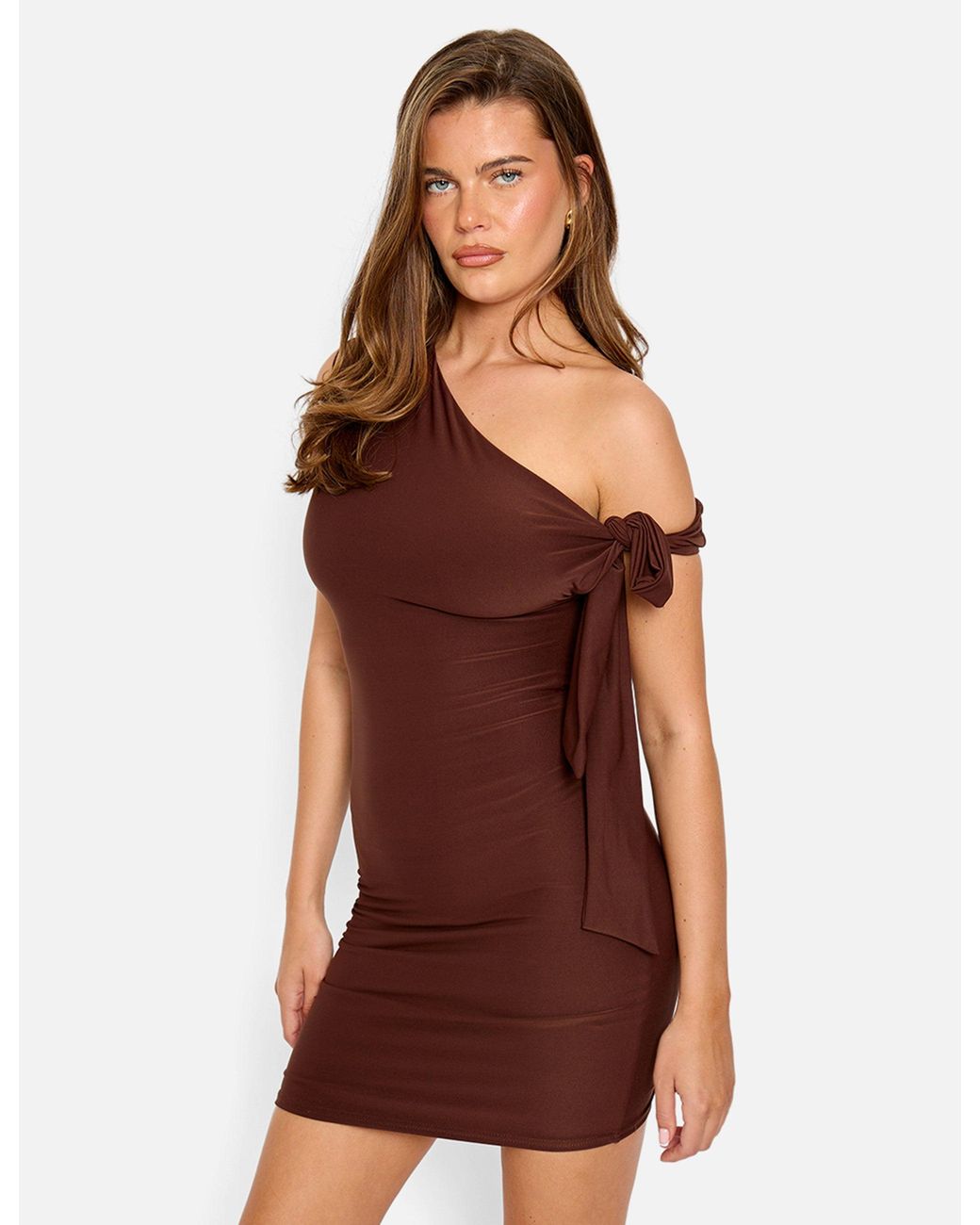 Public Desire Red Knot Detail Asymmetric One Shoulder Luxe Slinky Mini Dress Chocolate