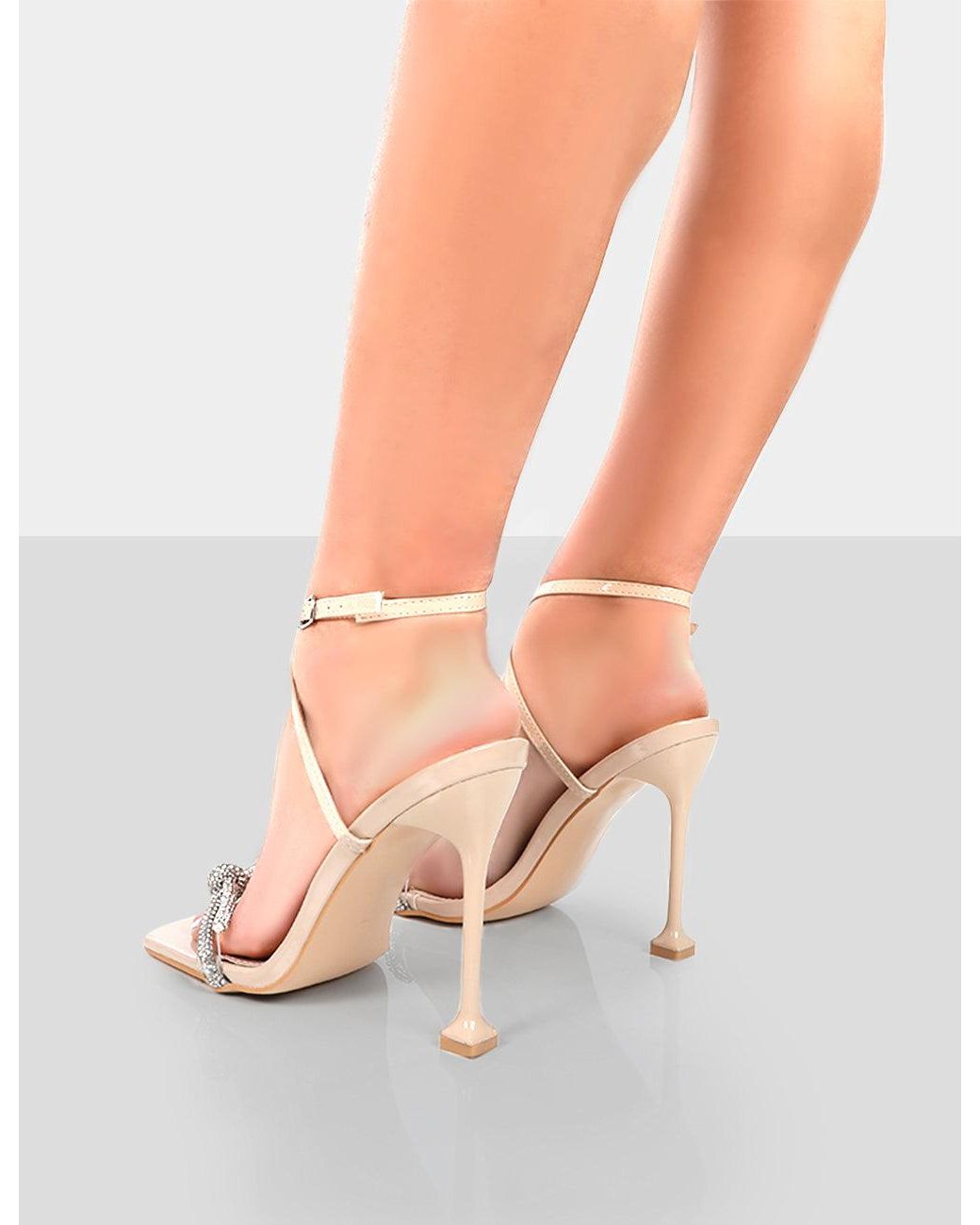 Public Desire Natural Glitter Nude Wrap Around Diamante Bow Square Toe Heels