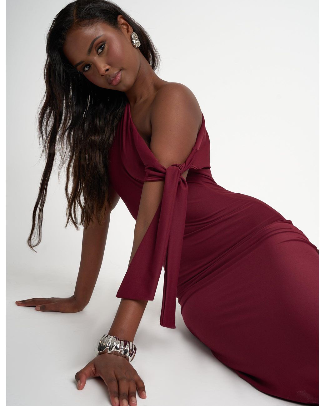 Public Desire Luxe Slinky Tie Detail Maxi Dress Burgundy in Red | Lyst UK