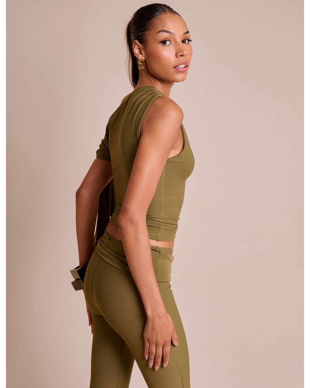 Public Desire Green Knot Detail Asymmetric One Shoulder Luxe Slinky Top Khaki