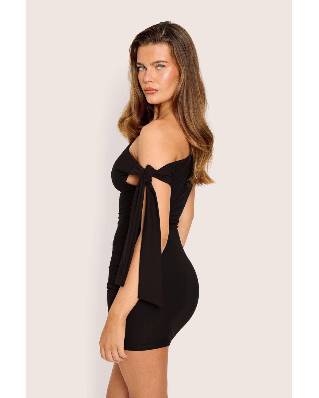 Public Desire Knot Detail Asymmetric One Shoulder Luxe Slinky Mini Dress Black