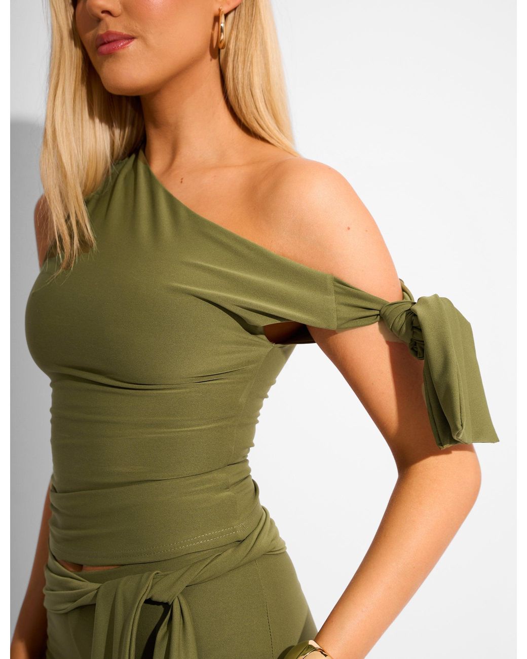 Public Desire Green Knot Detail Asymmetric One Shoulder Luxe Slinky Top Khaki