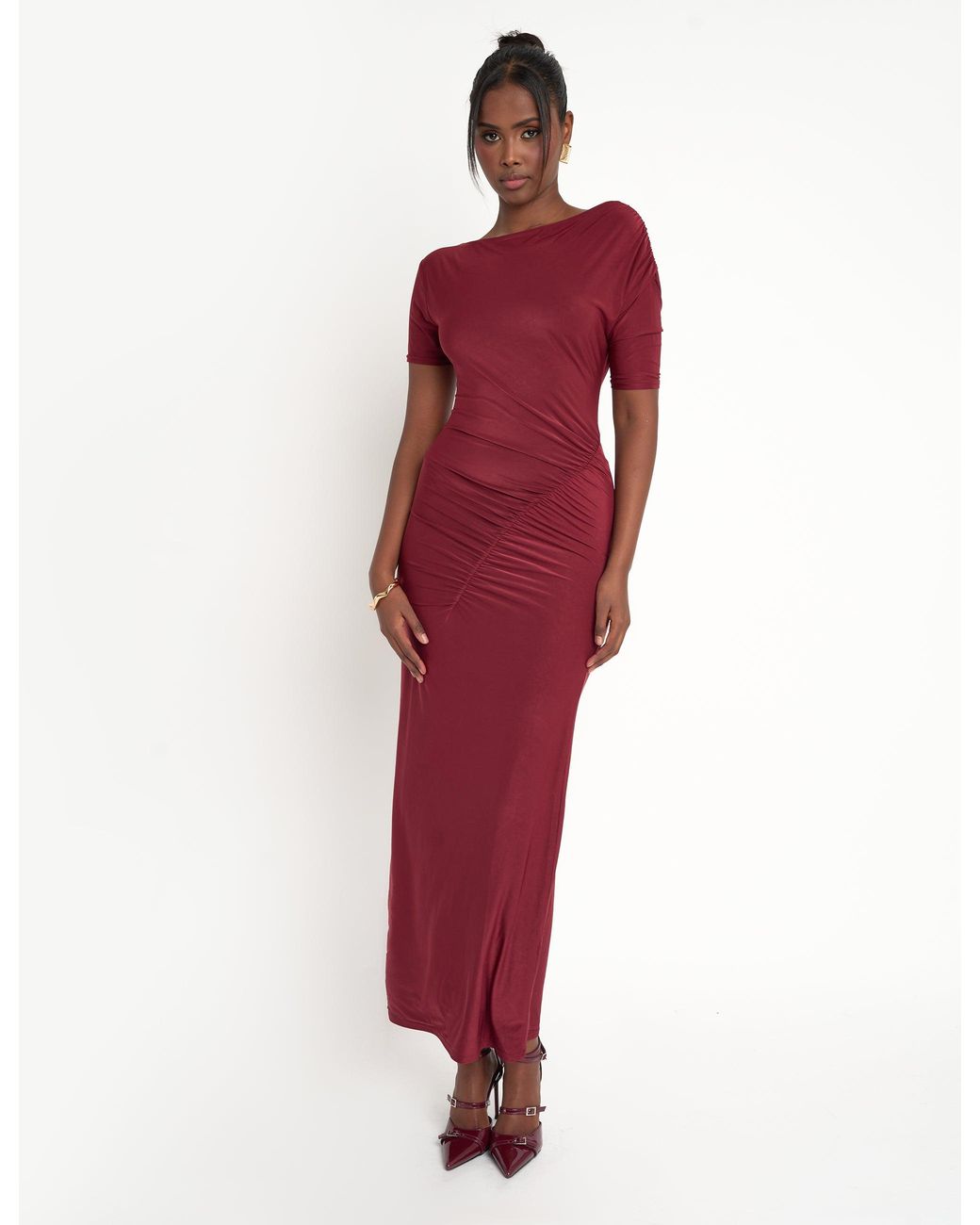 Public Desire Red Slinky Ruched Detail Maxi Dress Burgundy