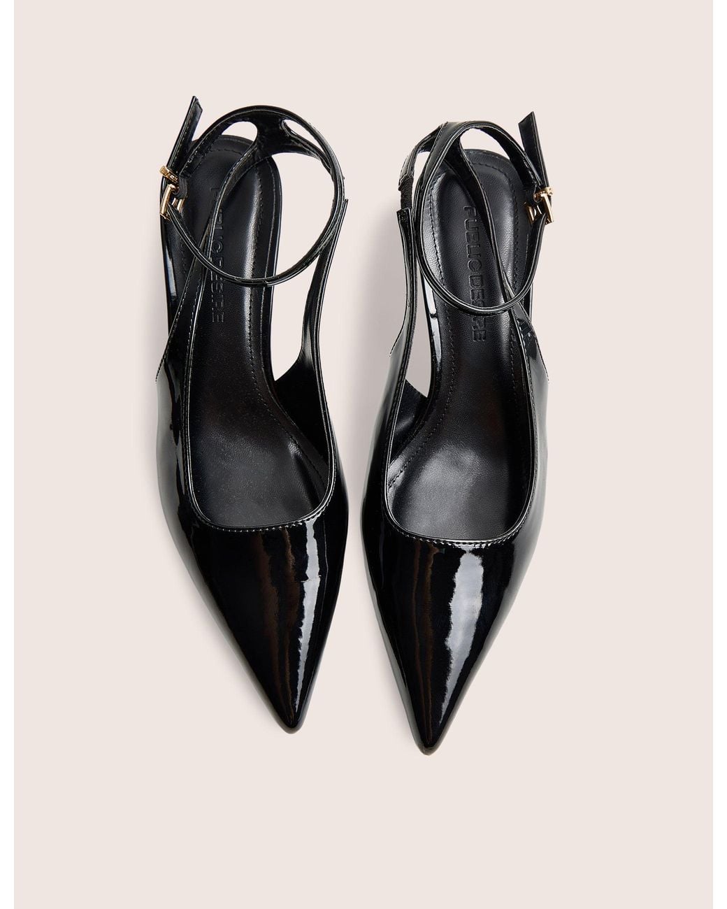 Public Desire Natural Louis Black Ankle Strap Court Mid Heels