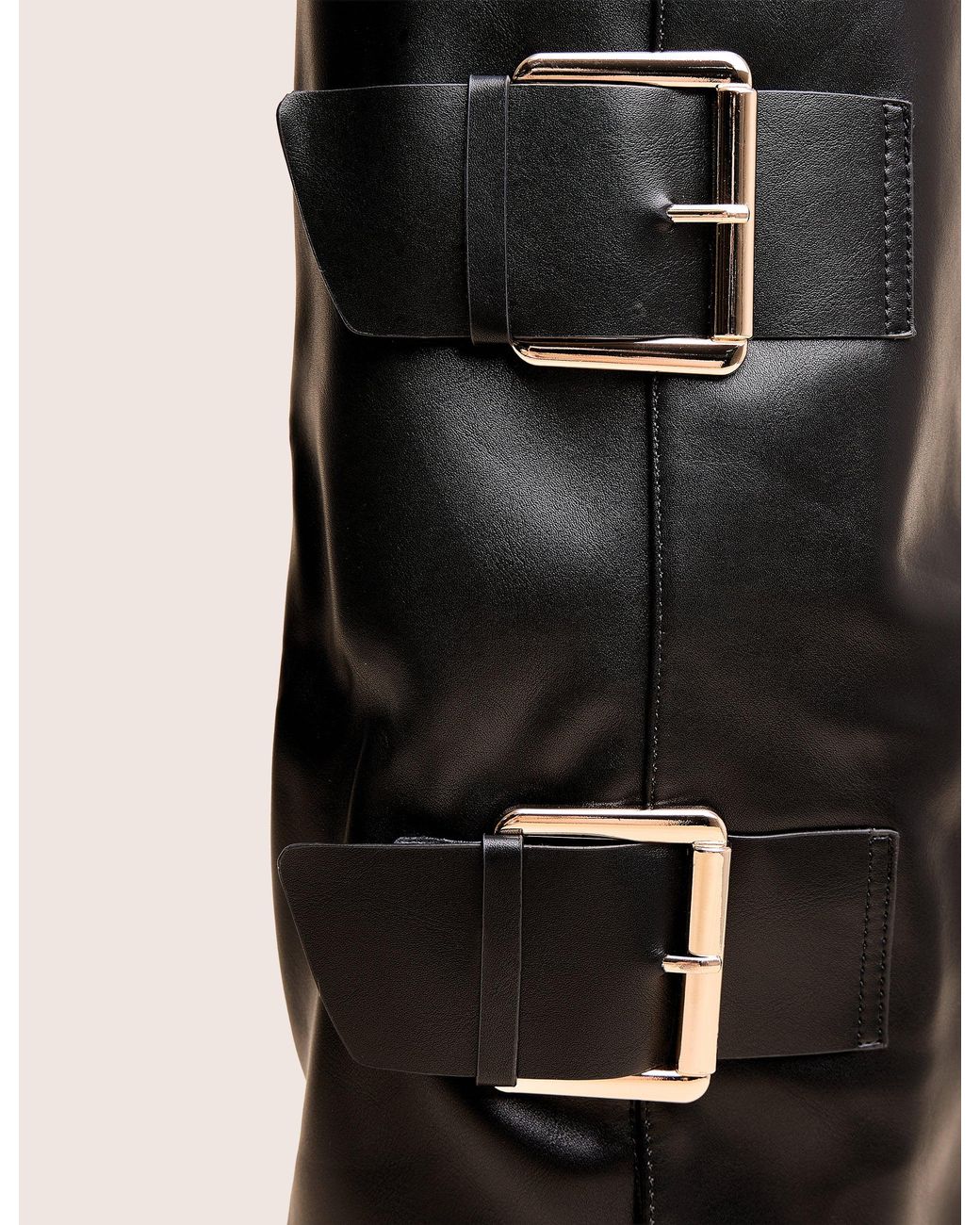 Public Desire River Black Double Buckle Detail Pu High Knee Boots