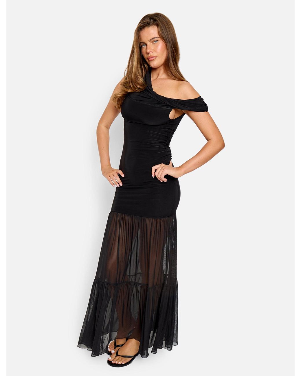 Public Desire Slinky Bardot Fold Over Mesh Hem Maxi Dress Black