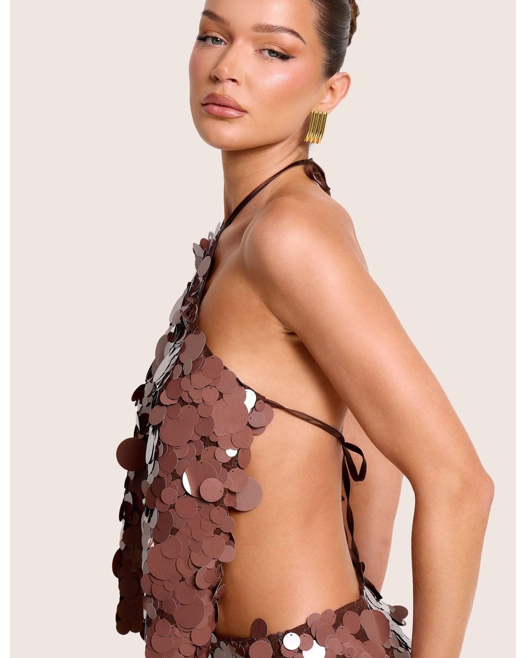 Public Desire Multicolor Halterneck Large Disc Sequin Co Ord Crop Top Brown