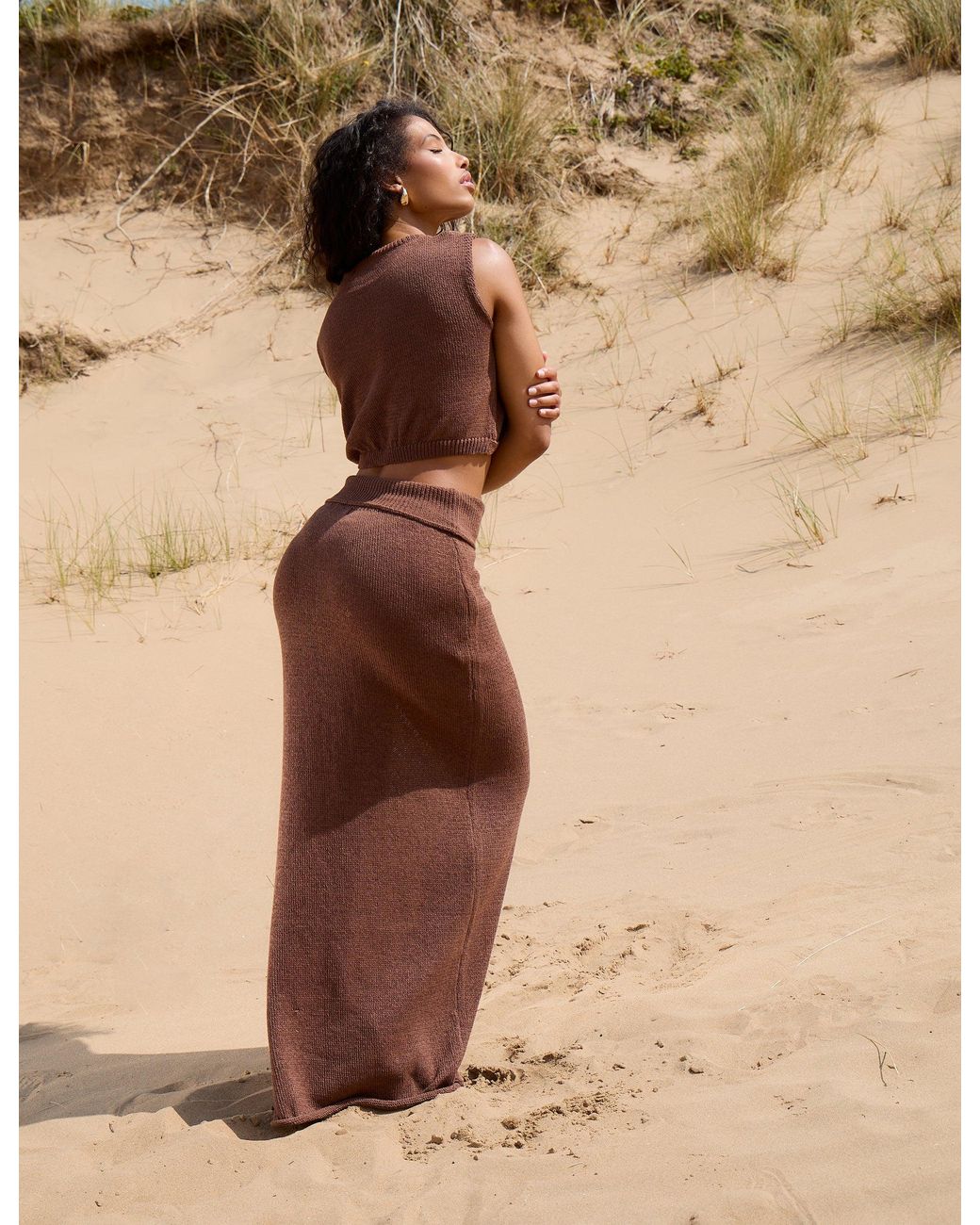 Public Desire Natural Mid Rise Fine Knit Maxi Skirt Brown