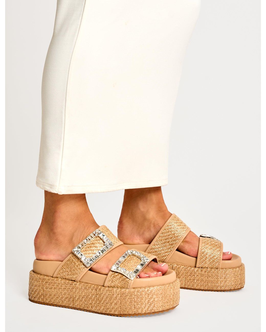 Public Desire White Bettie Natural Rattan Diamante Buckle Detail Flatform Slider Sandals