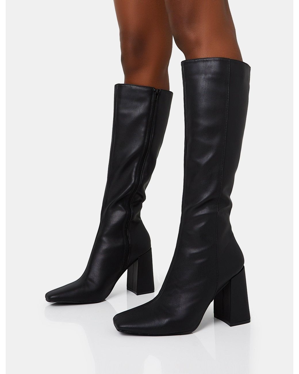 Public Desire Apology Black Pu Knee High Block Heel Boots