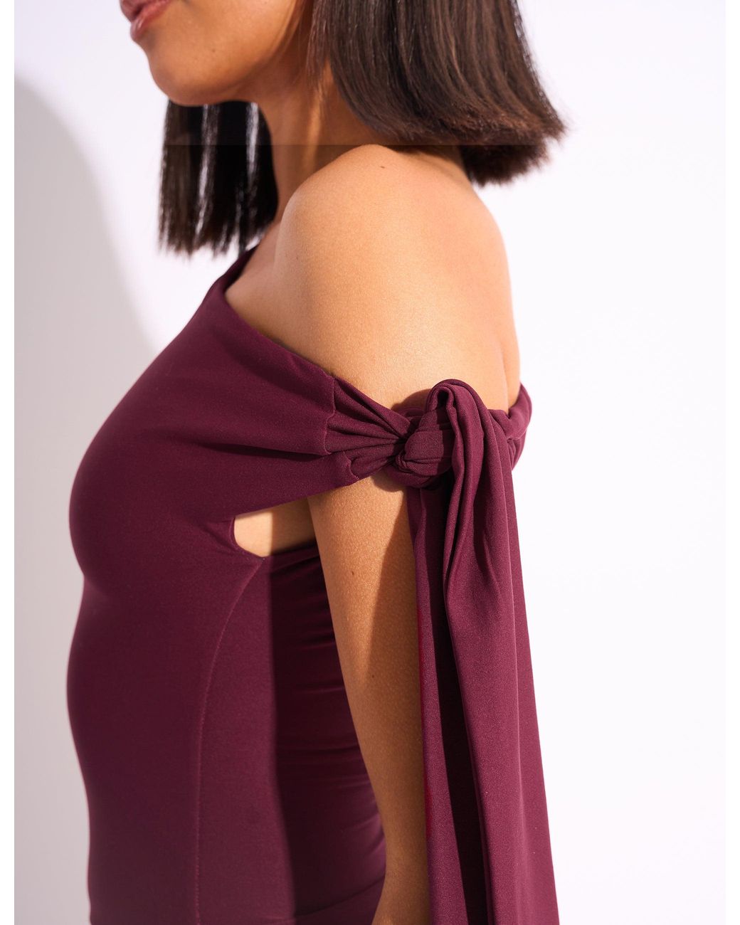 Public Desire Purple Knot Detail Asymmetric One Shoulder Luxe Slinky Top Burgundy