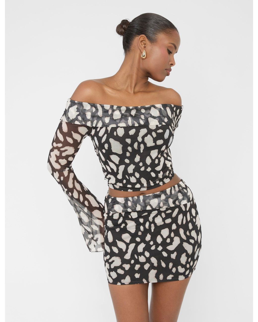 Public Desire White Mesh Bardot Fold Over Long Sleeve Crop Top Animal Print