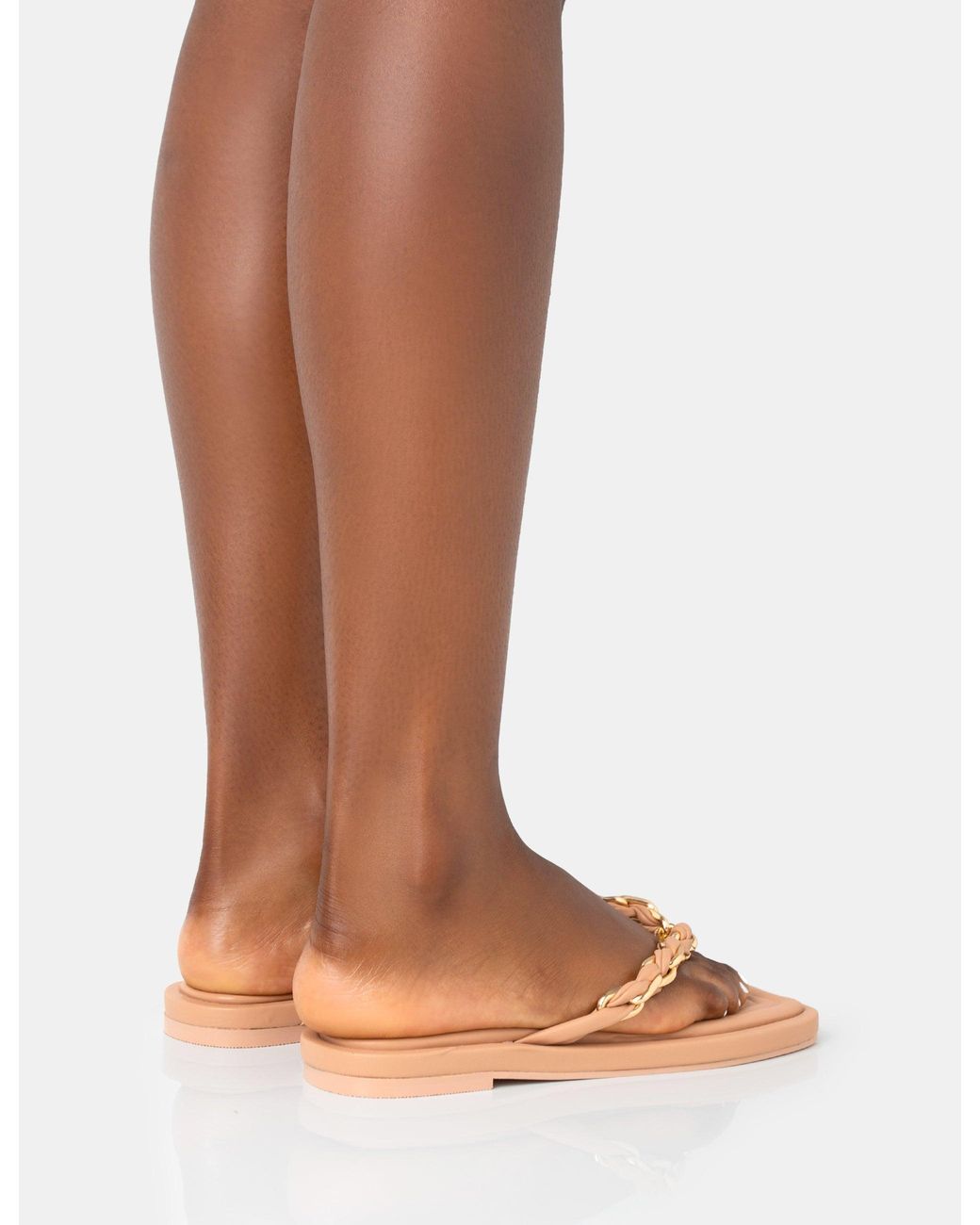Public Desire Brown Retreat Nude Pu Chain Strap Flip Flop Sandals