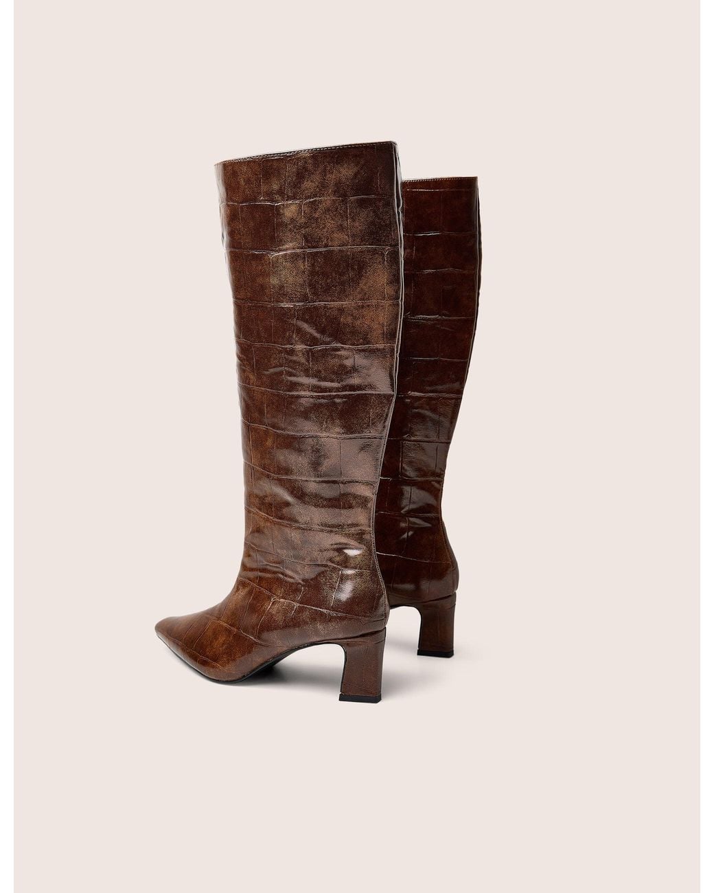 Public Desire Brown Boomer Tan Croc Pointed Toe Knee High Mid Heel Boots