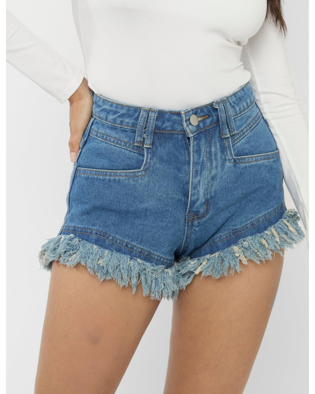 Public Desire High Waist Frayed Denim Shorts Light Blue