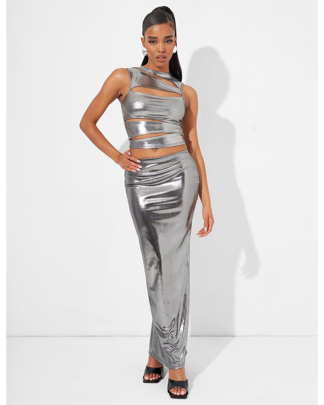 Public Desire White Maxi Skirt Co Ord In Metallic Silver