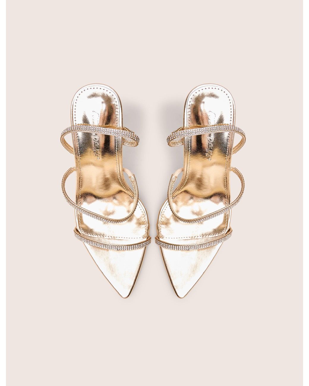 Public Desire Natural Seductive Gold Mirror Pu Diamante Strap Pointed Toe Stiletto High Heels