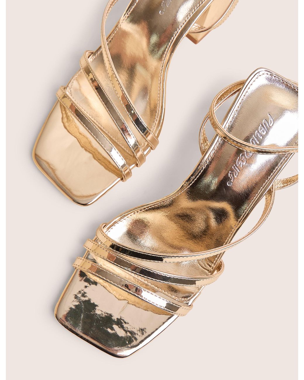 Public Desire Brown Robin Gold Strappy Square Toe Mid Block Heels