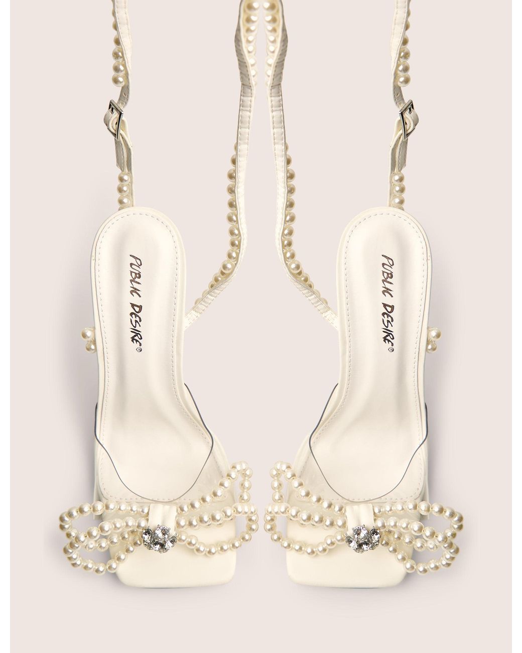 Public Desire Brown Glimmer White Wrap Around Pearl Detail Bow Square Toe Cake Stand Heels