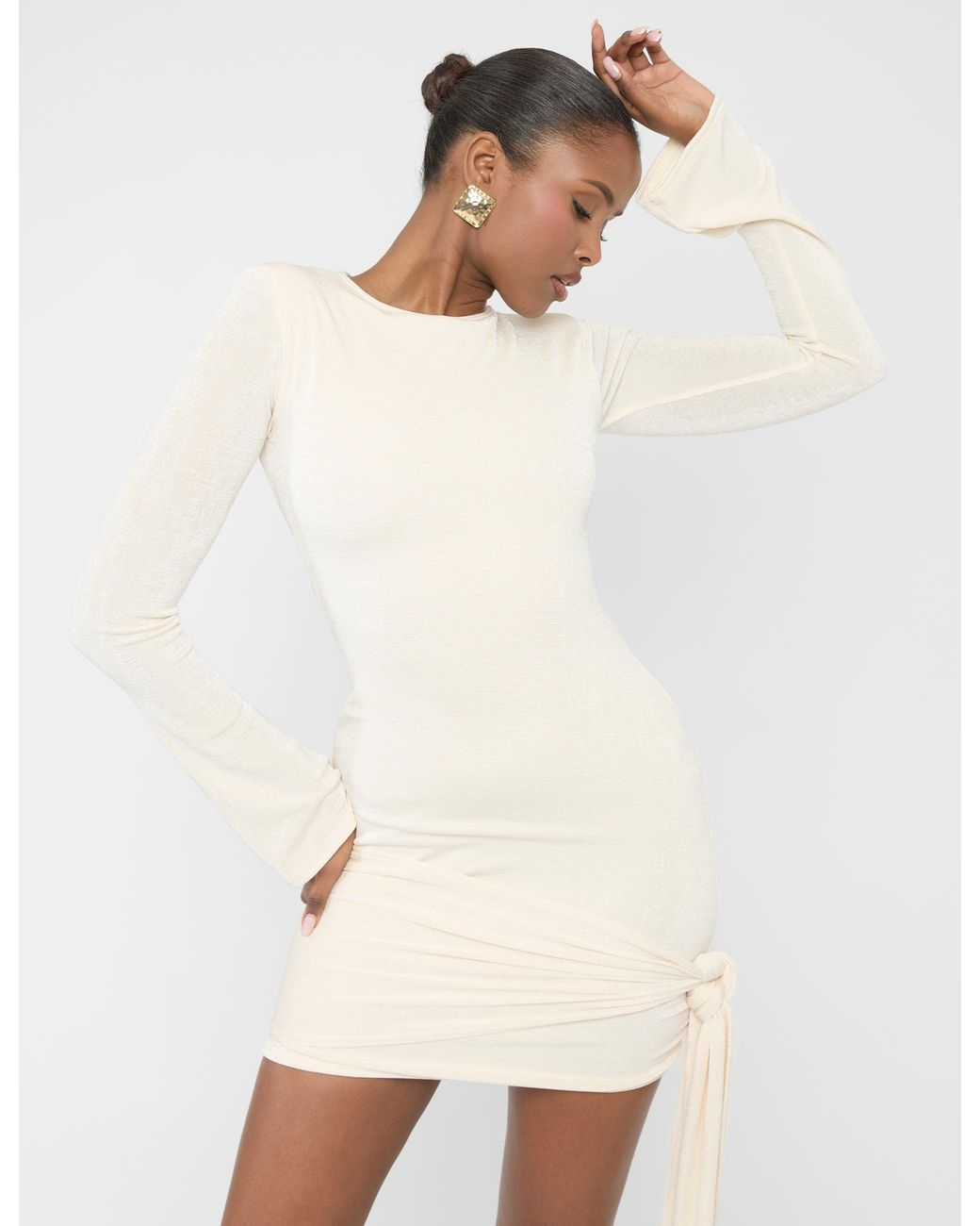 Public Desire White Knot Drape Padded Shoulder Long Sleeve Mini Dress Cream