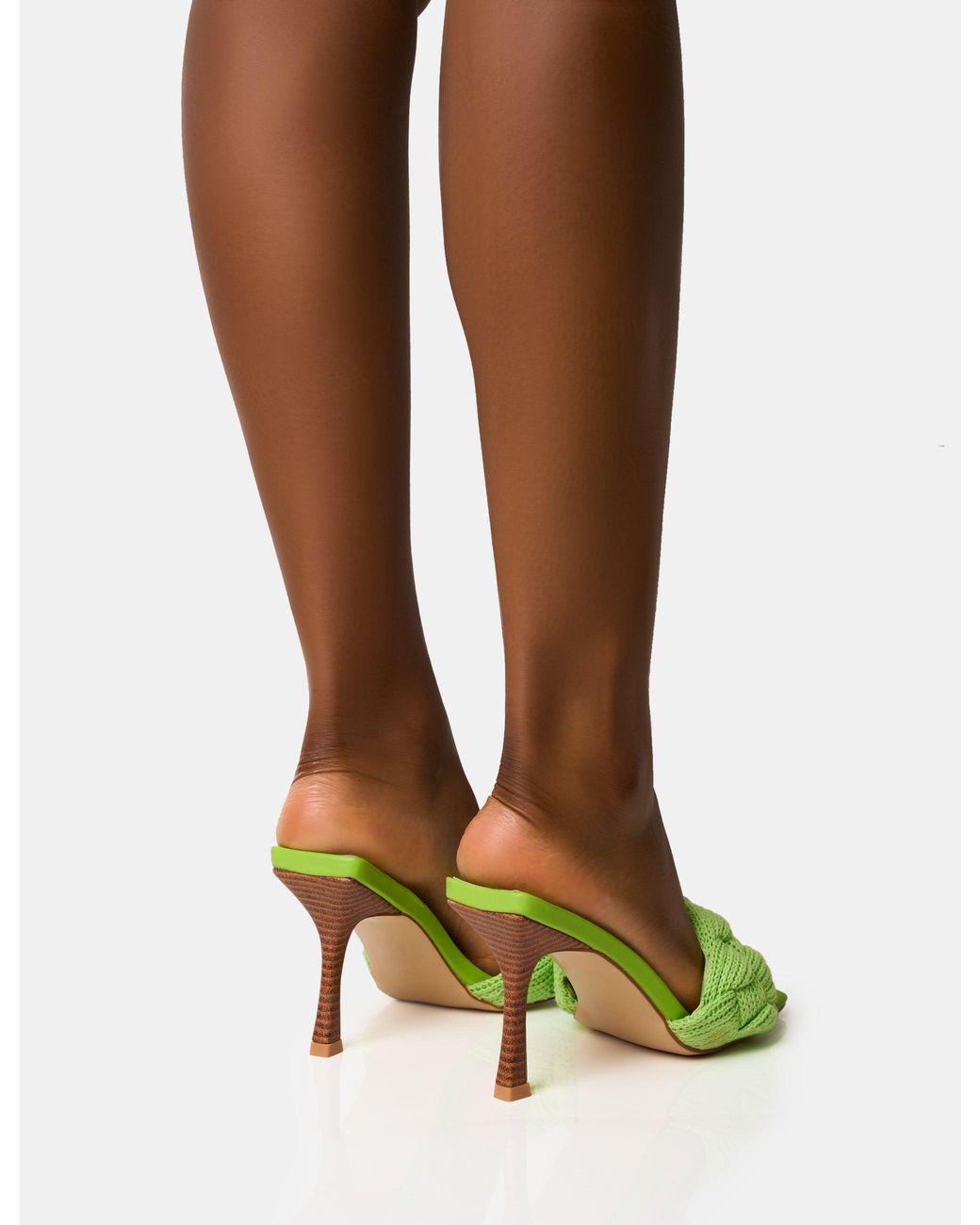 Public Desire Green Nectar Lime Wooden Stack Knitted Square Toe Heels