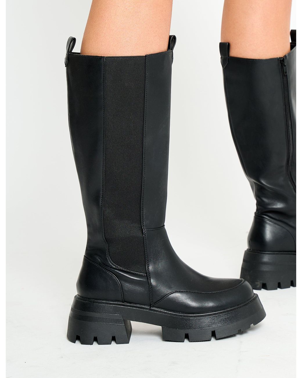 Public Desire Bryant Black Pu Chunky Sole Elasticated Knee High Boots