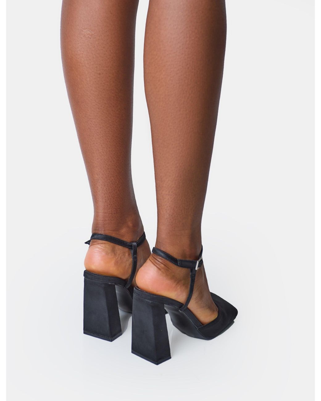 Public Desire White Leighton Black Satin Slant Toe Block Heels
