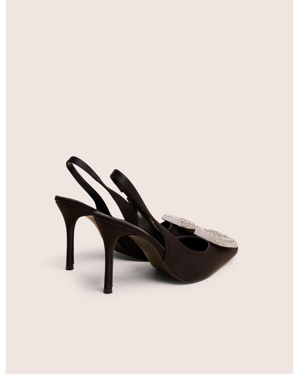 Public Desire White Floss Black Satin Diamante Embellished Sling Back Court Heels