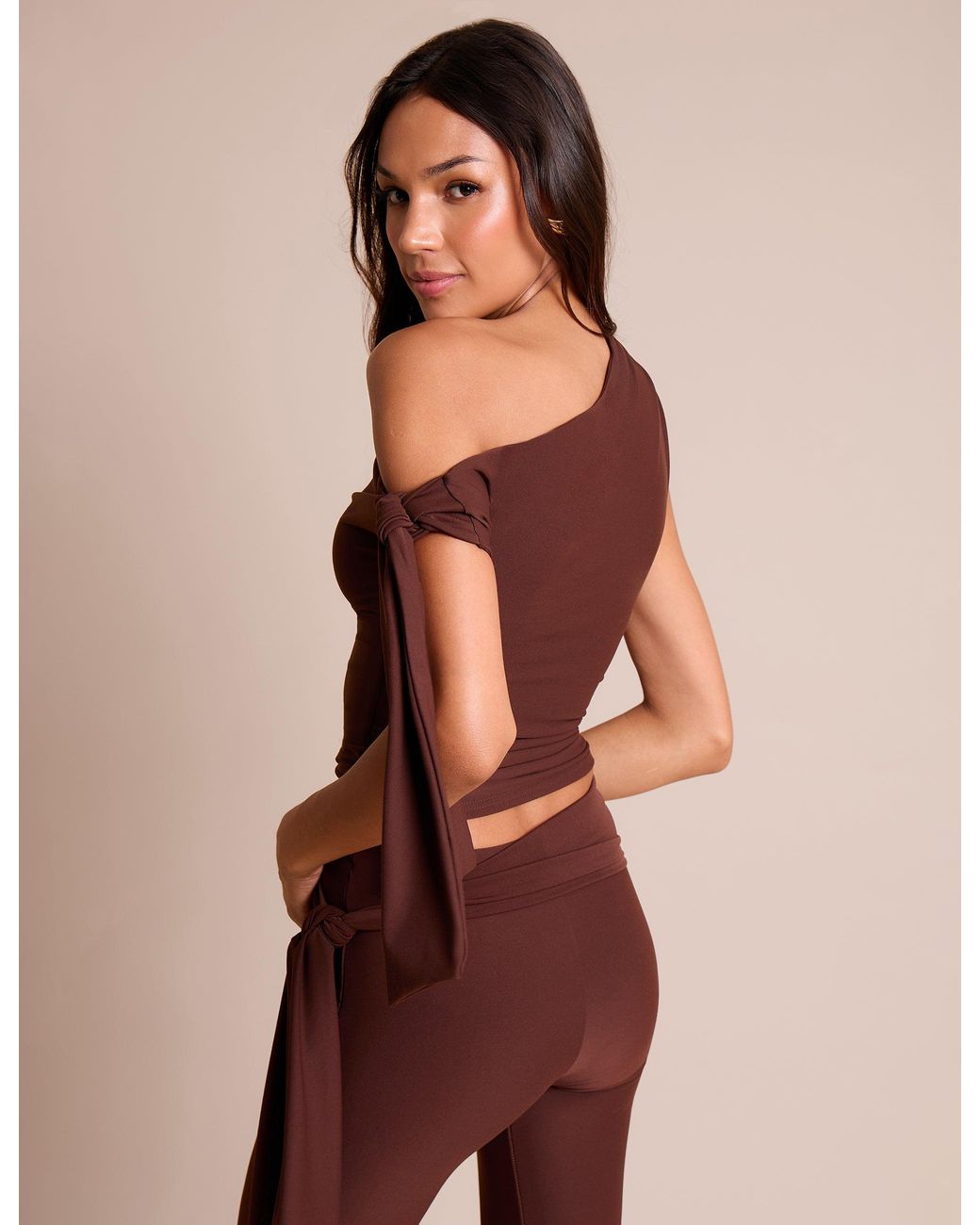 Public Desire Red Knot Detail Asymmetric One Shoulder Luxe Slinky Top Chocolate