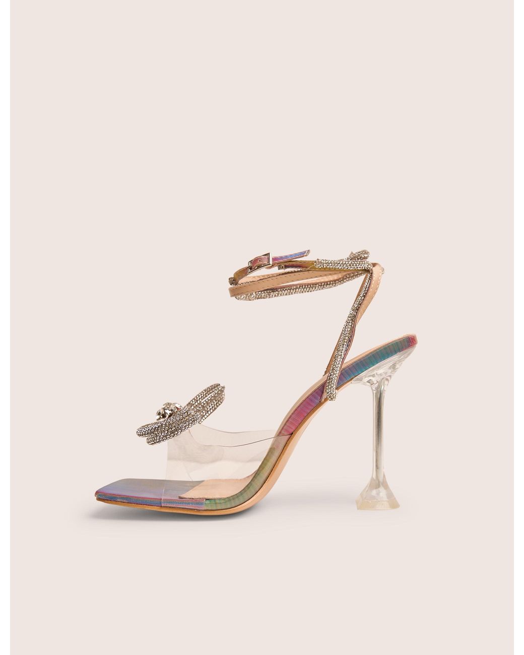 Public Desire Multicolor Glimmer Multi Holographic Wrap Around Diamante Bow Square Toe Heels