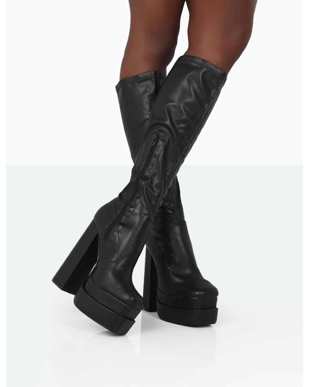 Public Desire Passive Black Pu Square Toe Platform Block High Heel Over The Knee Boots