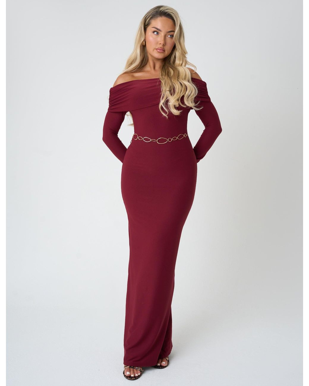 Public Desire Red Bardot Luxe Slinky Maxi Dress Burgundy